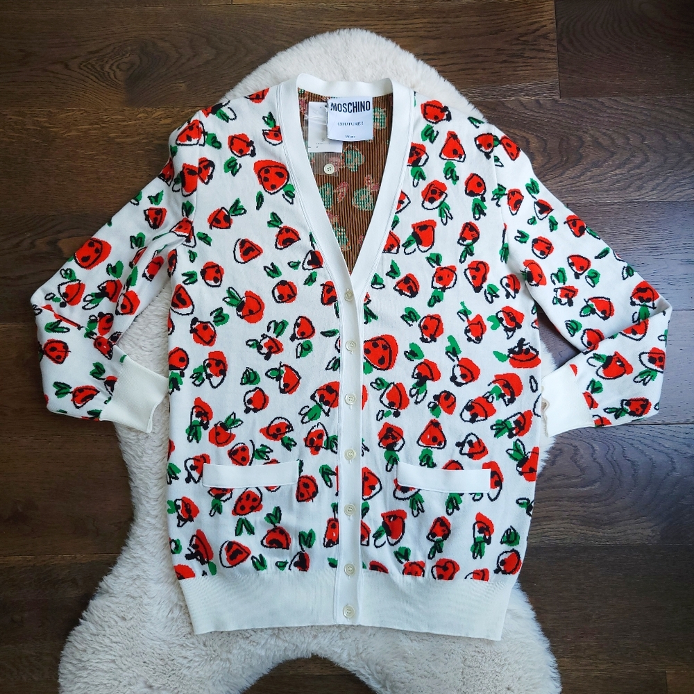 RARE Moschino Couture 2019 RTW Strawberry Scribble Knit Cardigan